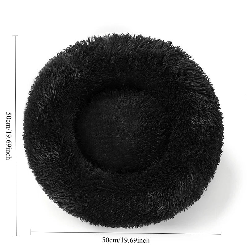 Panier rond en peluche noire, vue supérieure avec mesures
