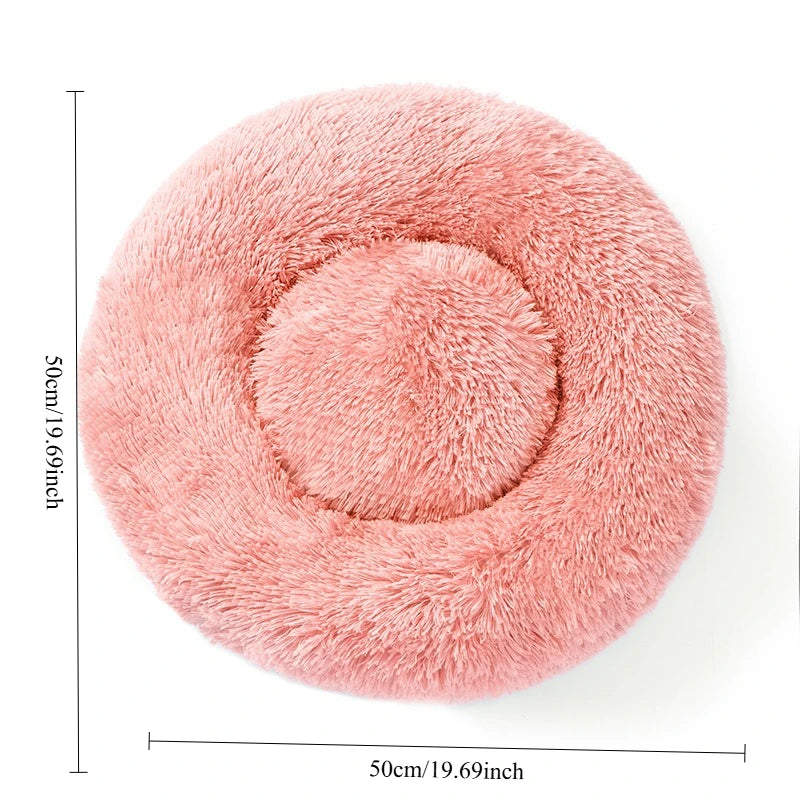 Panier rond en peluche rose, vue de dessus avec diamètre 50 cm