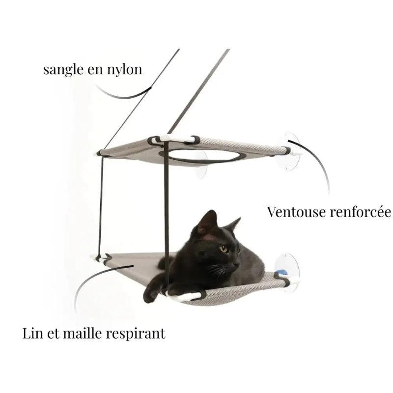 Panier suspendu pour chat en lin et maille respirante, avec sangle en nylon et base renforcée.