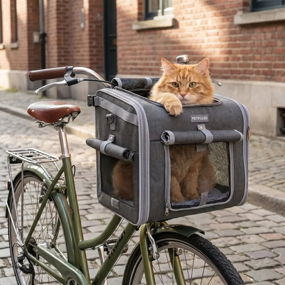 Chat installé dans un panier de transport gris fixé sur le guidon d'un vélo en ville.
