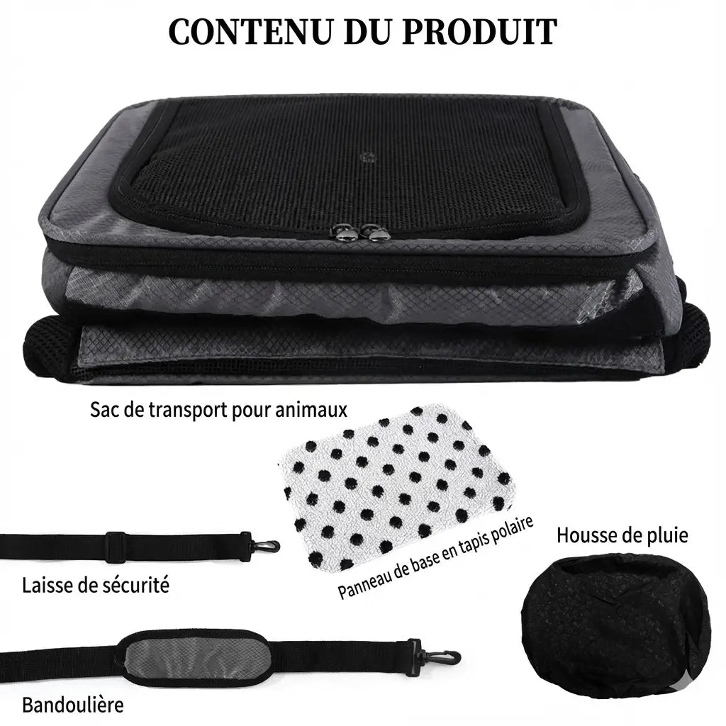 Le sac de transport pour chat plié à plat pour faciliter le rangement, accompagné de sa sangle et de son tapis de fond.