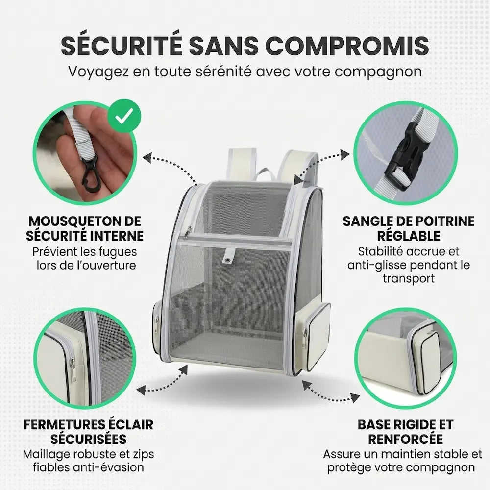 Sac à dos de transport blanc et gris pour chat avec grande façade en maille, présentant le mousqueton d'attache intérieur, la sangle de poitrine ajustable, les fermetures éclair et le fond rigide.