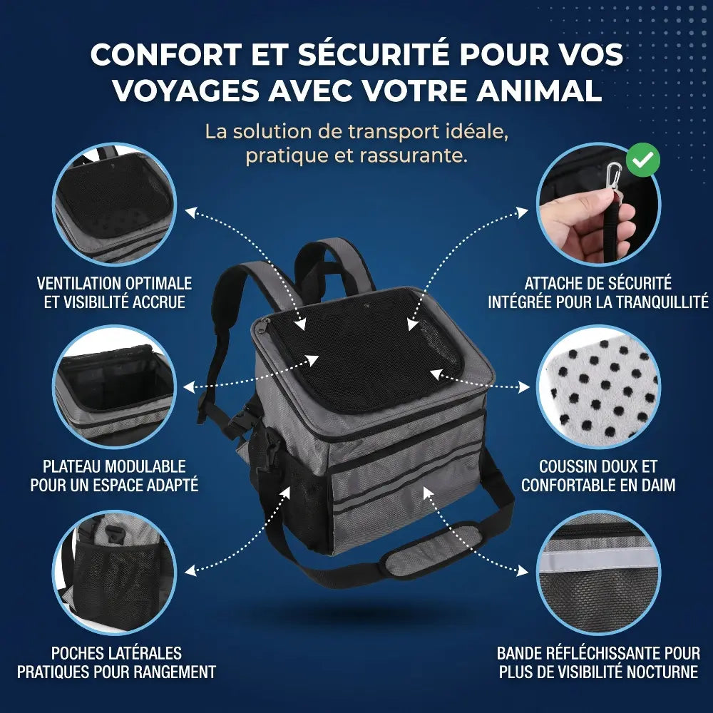 Différentes façons de porter le sac pour chat : transformable en sac à dos, porté en bandoulière ou fixé sur le vélo.