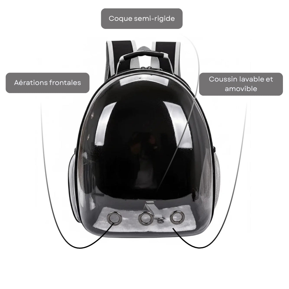 Sac à dos de transport pour chat noir avec coque semi-rigide, aérations frontales et coussin lavable amovible.