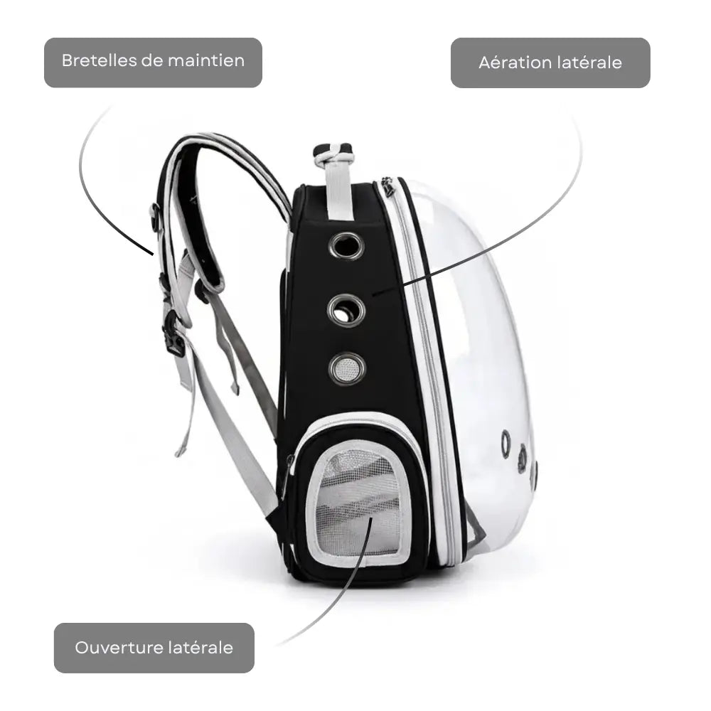 Sac à dos de transport pour chat en noir avec bretelles confortables, aérations latérales et ouverture latérale.