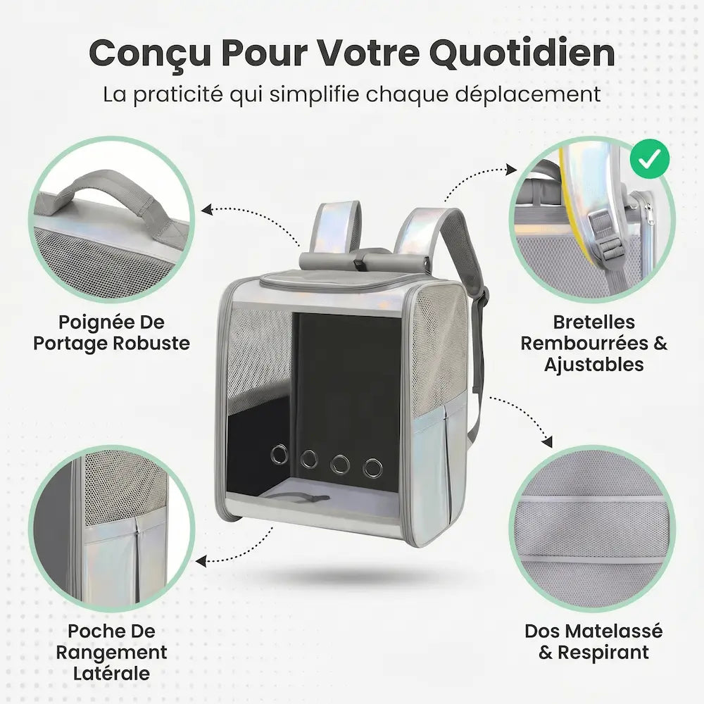 Vue de face d'un sac à dos de transport pour chat argenté à reflets holographiques avec une façade transparente carrée. Quatre encarts détaillent la poignée de portage supérieure, une poche de rangement latérale en filet, les bretelles d'épaules ajustables et le panneau dorsal matelassé.