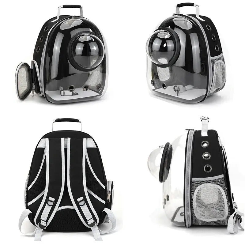 Different views of the black transparent cat backpack with a porthole