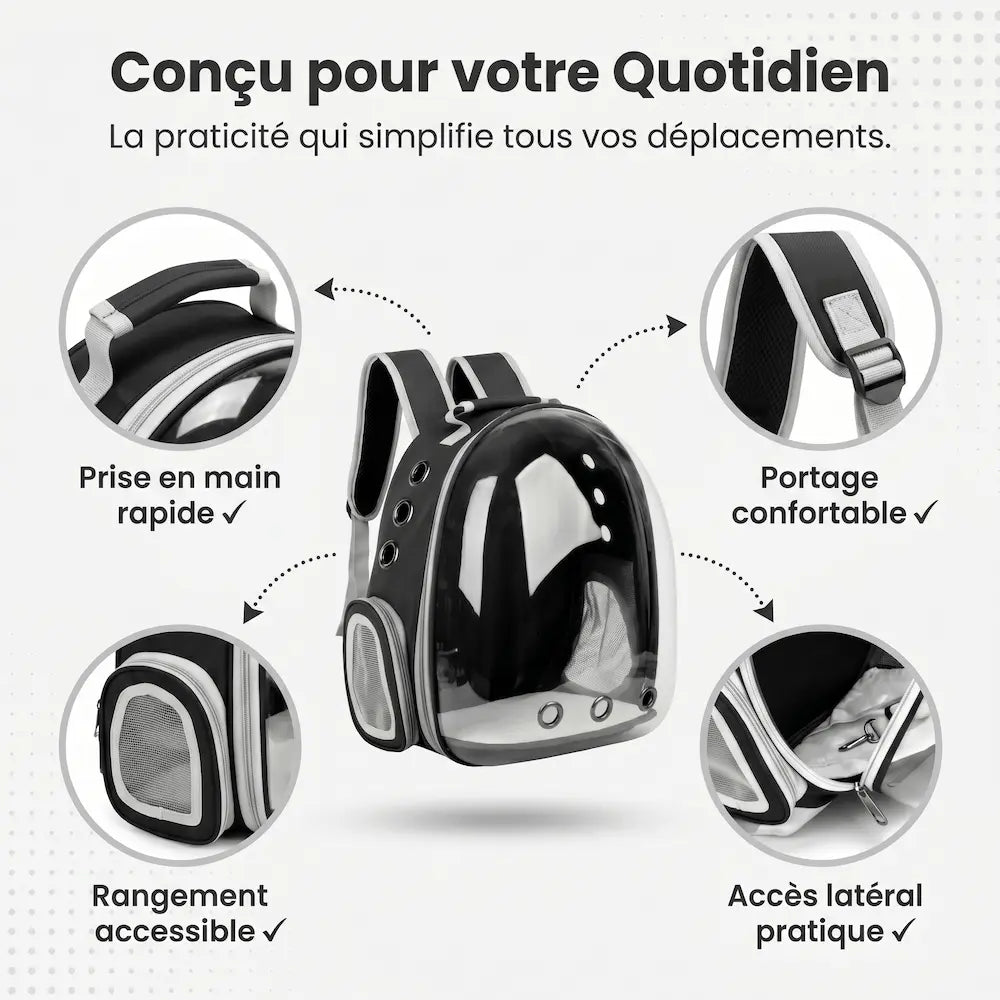 Vue détaillée du sac à dos pour chat noir montrant ses aspects pratiques pour les déplacements : poignée supérieure, bretelles de portage, poche de rangement latérale en filet et ouverture latérale zippée.