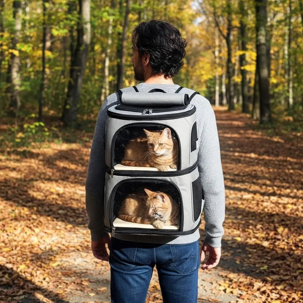Deux chats installés dans un sac à dos de transport double gris, porté par un homme en promenade dans une forêt.