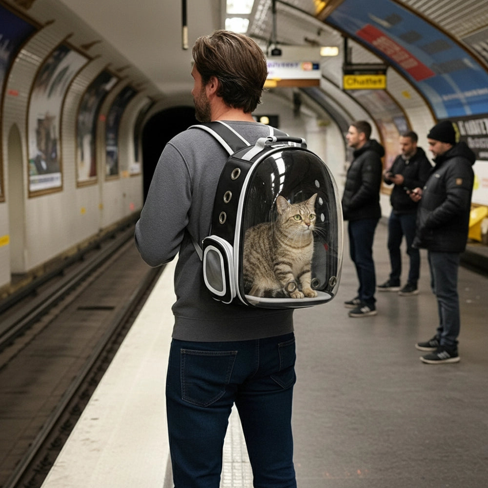 Homme portant un sac à dos de transport noir avec coque transparente contenant un chat tigré, dans une station de métro.