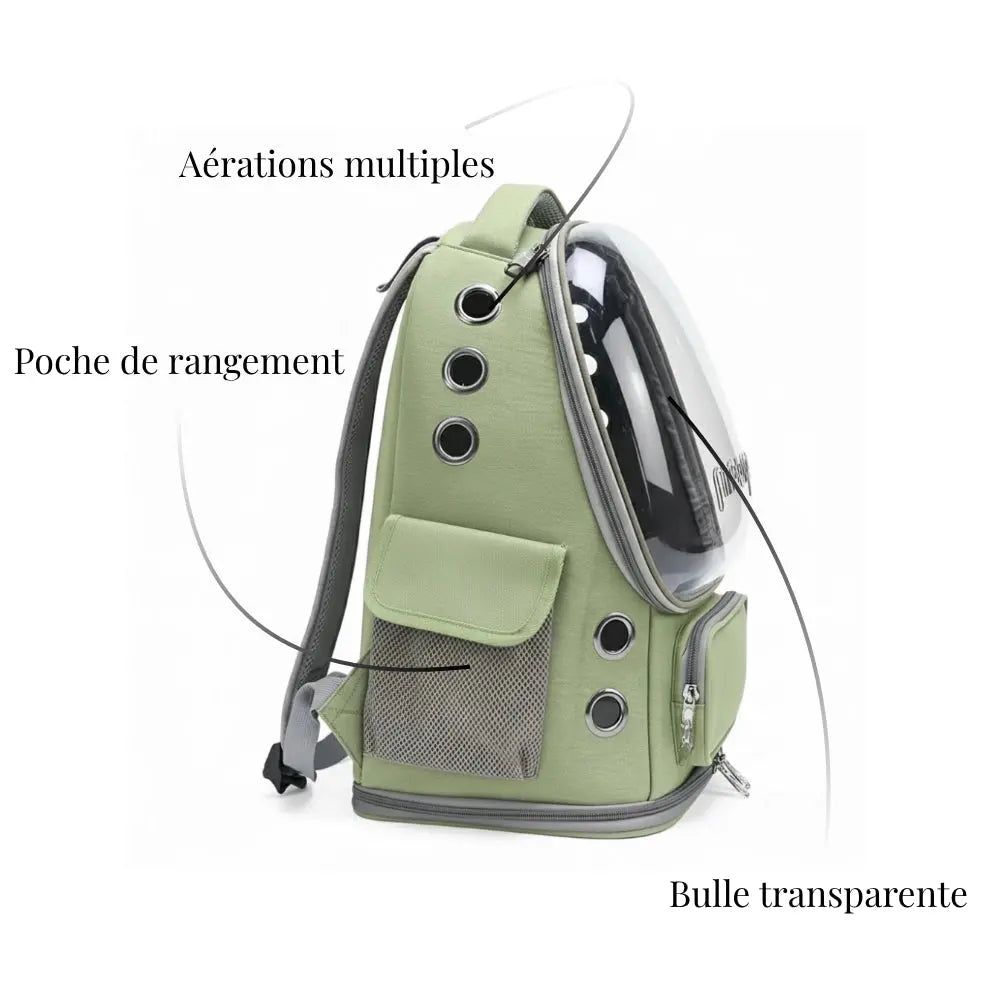 Sac à dos de transport pour chat vert avec aérations multiples, poche de rangement et bulle transparente.