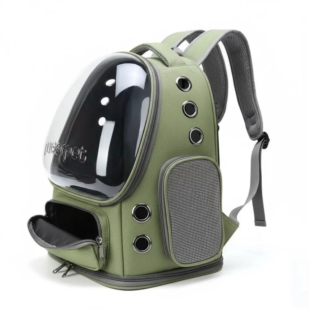 Sac à dos de transport pour chat de couleur verte avec hublot transparent, poches latérales et ouverture avant zippée.