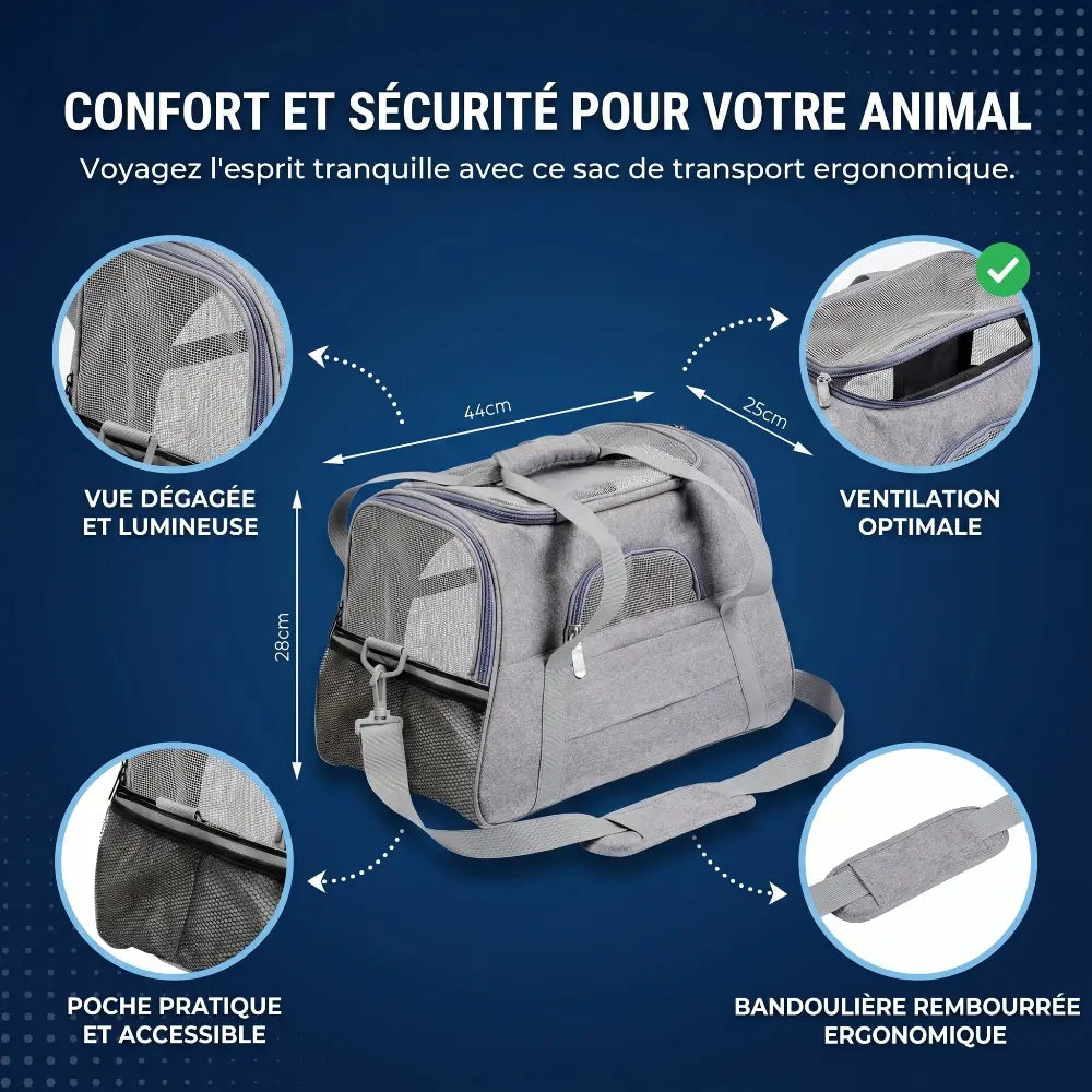 Sac de transport pour chat gris montrant les dimensions, avec bandoulière réglable, fond rigide et fenêtres en filet pour une bonne aération lors des trajets.