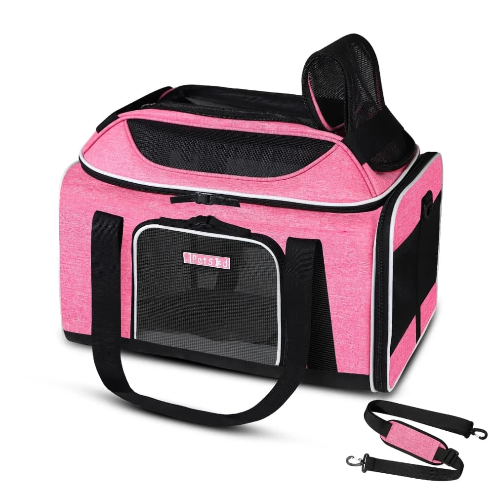 Sac de transport pour chat XXL rose souple et respirant, adapté aux déplacements.