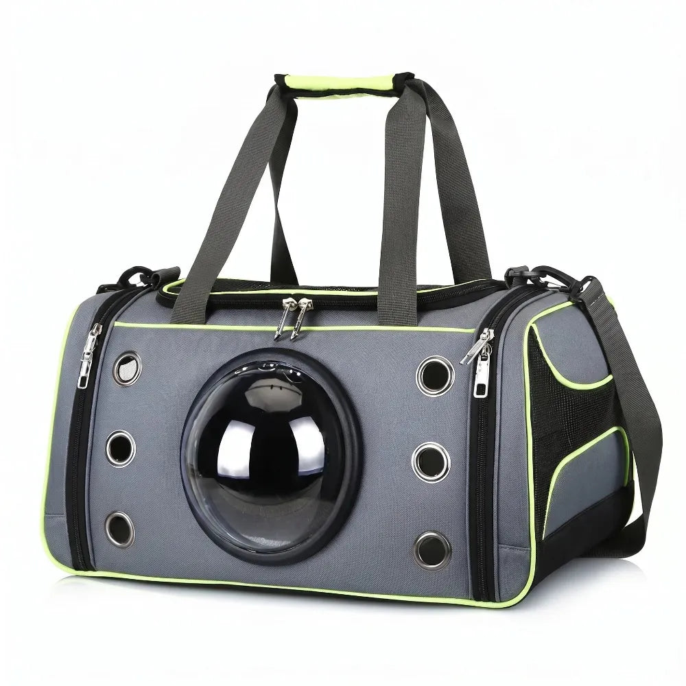 Sac de transport pour chat gris et vert avec bulle panoramique transparente, poignées robustes et grilles de ventilation.