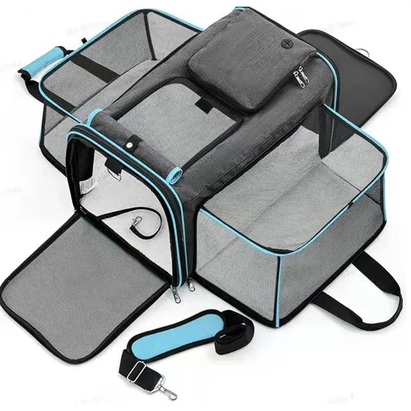 Sac de transport pour chat extensible avec plusieurs ouvertures et parois respirantes pour plus d’espace.