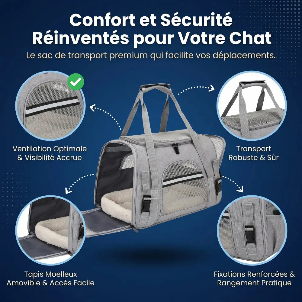 Sac pour chat avec poignées de transport solides, ouvertures zippées sur le dessus et le côté, et coussin intérieur confortable pour faciliter les déplacements.