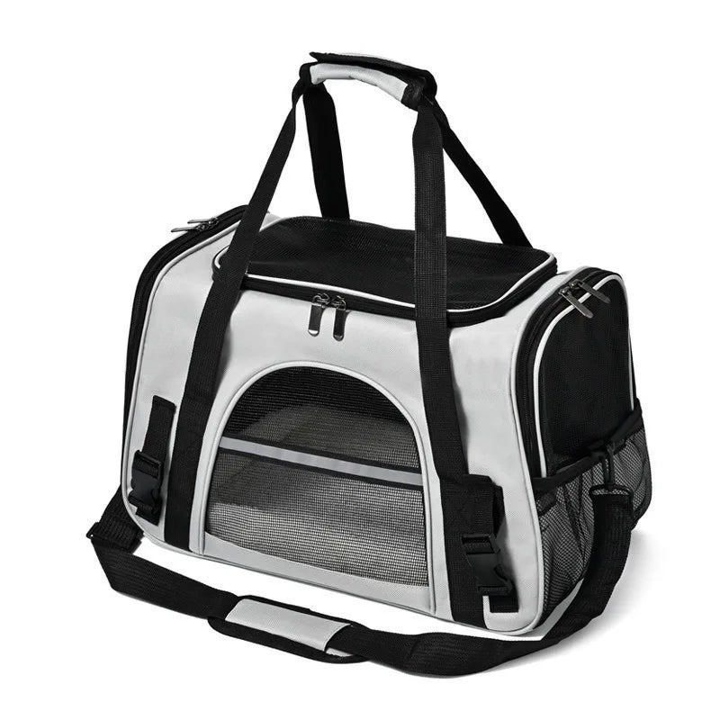 Sac de transport pour chat de couleur blanche avec des bordures, des anses et des sangles noires.