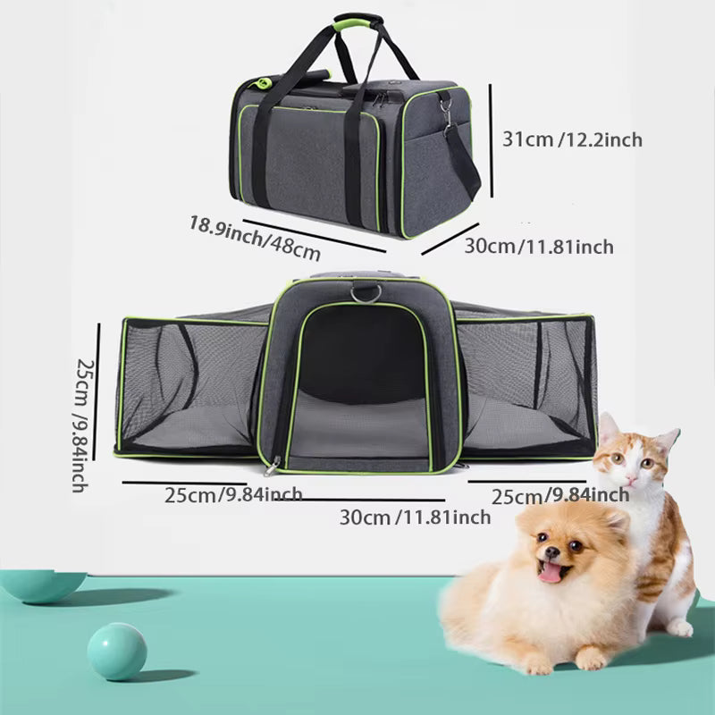 Illustration du sac de transport pour chat avec extension, montrant l’utilisation avec un animal.