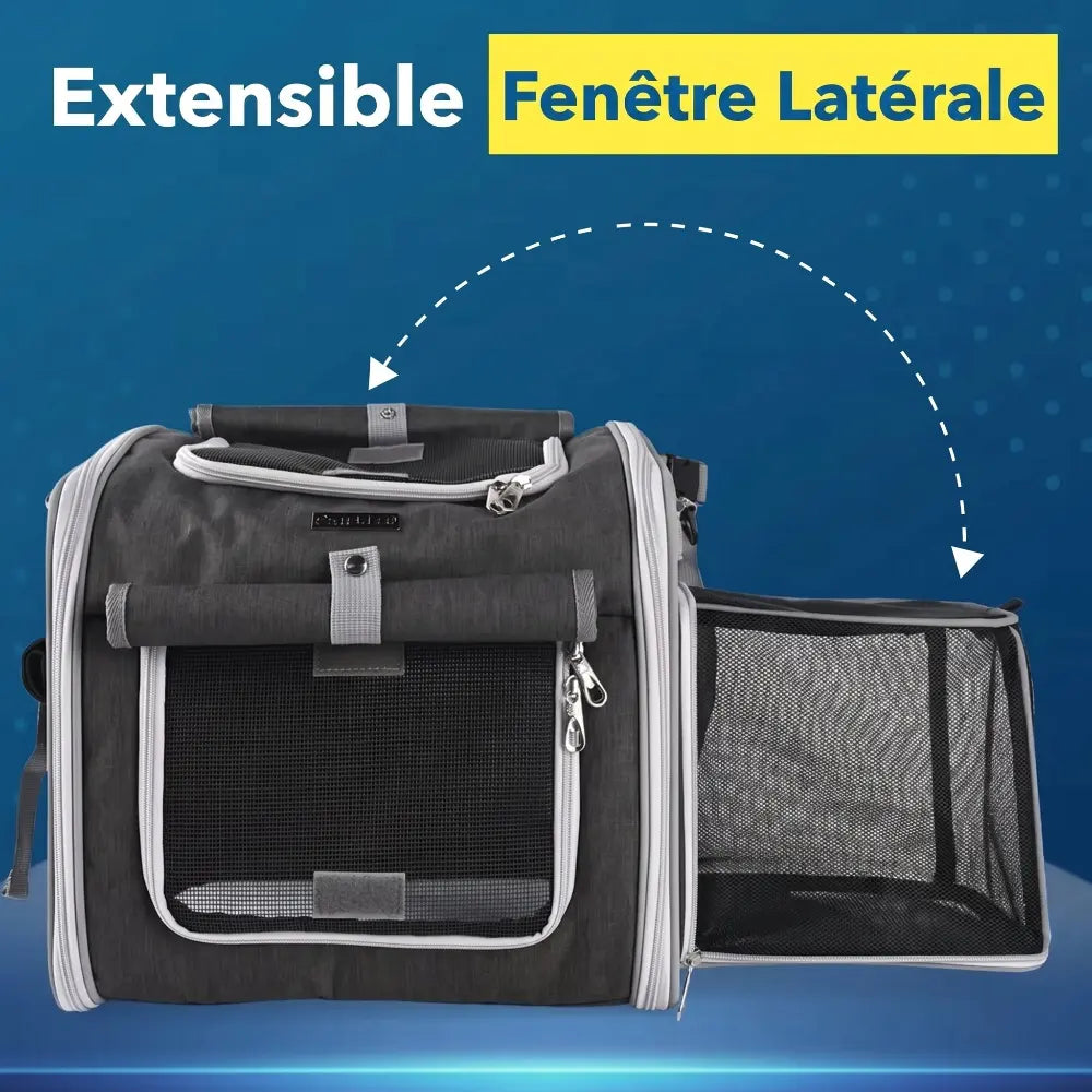Sac de transport pour chat avec son extension latérale en filet déployée pour offrir plus d'espace.