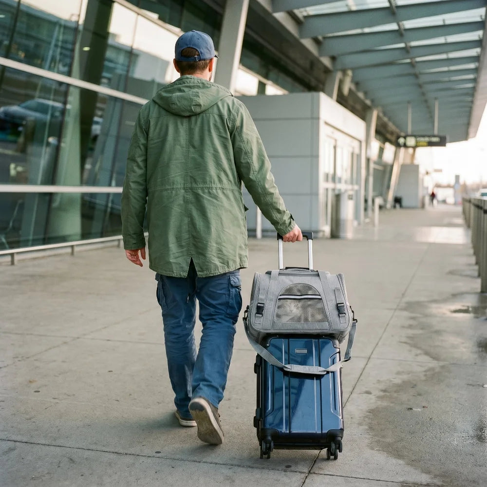 Homme marchant avec une valise sur laquelle est fixé un sac de transport pour chat gris.