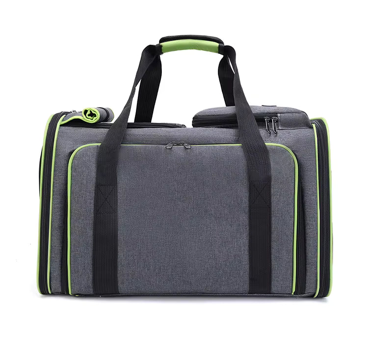 Sac de transport pour chat avec poche arrière et attaches de sécurité.