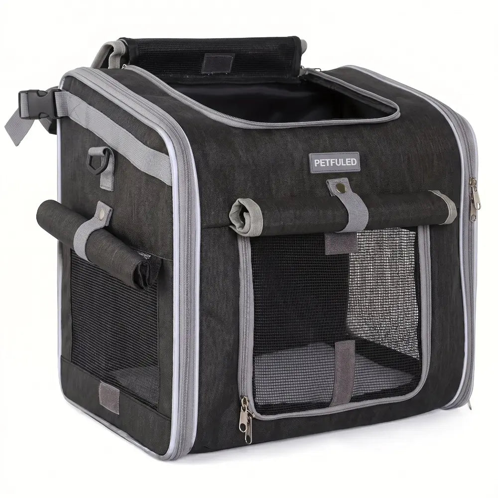 Sac de transport gris pour chat avec fenêtres en filet respirant, utilisable comme panier de vélo.