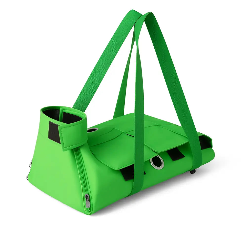 Sac de transport pour chat vert en nylon respirant, utilisable à la main ou en sac ventral, avec sangles solides.
