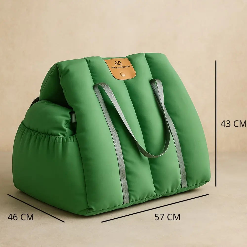 Sac vert confortable pour chat, adapté au transport quotidien et aux voyages.