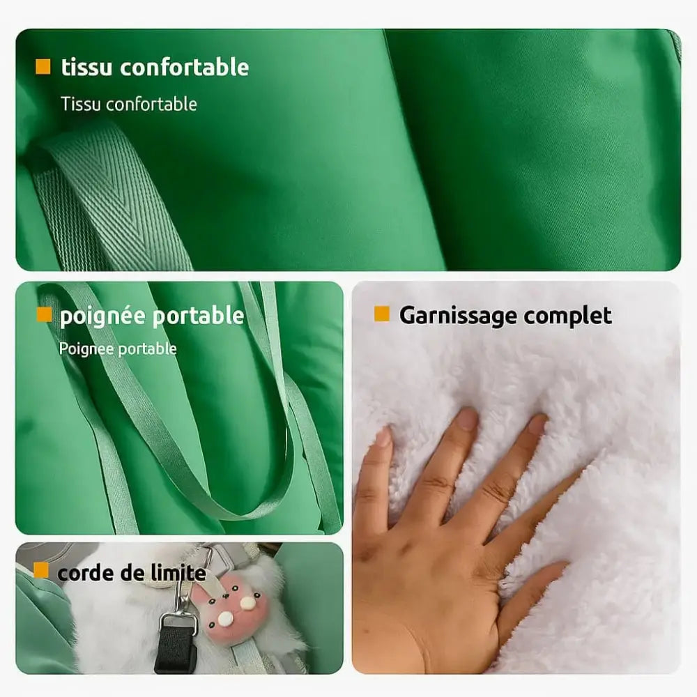 Détail du sac de transport pour chat vert, en toile Oxford imperméable et résistante.