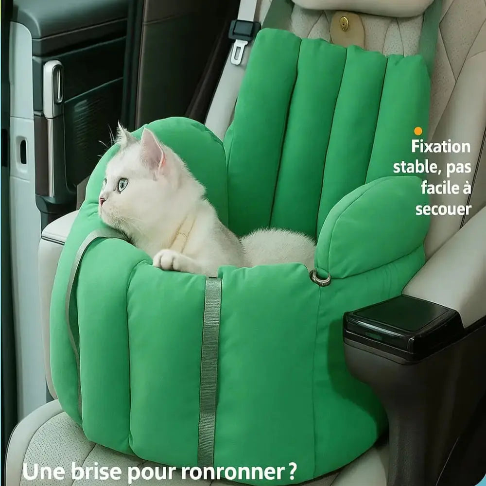 Sac vert pour transporter un chat en voiture, assise stable et sécurisée.
