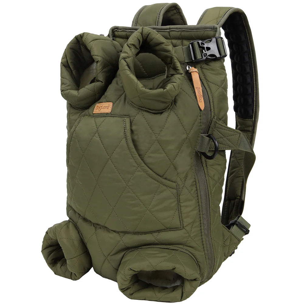 Sac ventral matelassé vert pour chat, idéal pour les promenades et le transport sécurisé.