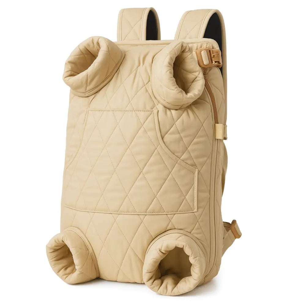 Sac ventral pour chat matelassé beige, confortable et chaud, idéal pour transporter son chat en hiver en gardant les mains libres.