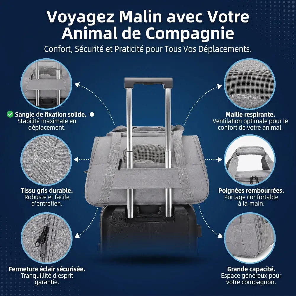 Sac de voyage pour chat doté d'un passant pour poignée de valise à roulettes, idéal pour faciliter le transport, avec des finitions durables et des coutures renforcées.